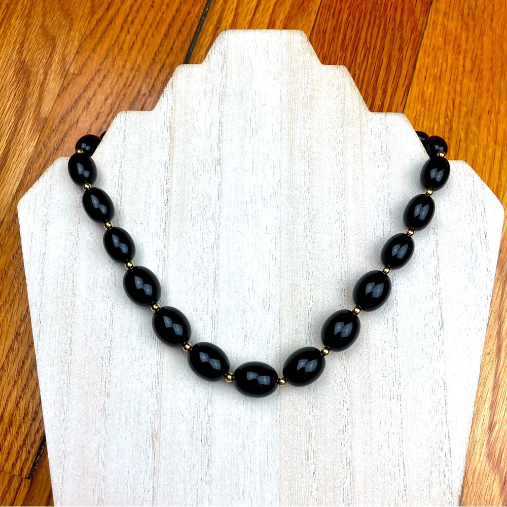 Monet vintage black bead necklace gold tone accent beads